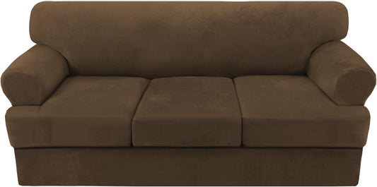 H.VERSAILTEX Sofa Cover 4 Piece T Cushion Sofa Slipcovers Thick Velvet Couch Cover Stretch T Cushion Sofa Covers for 3 Cushion Couch with 3 Individual T Cushion Covers, Bronze Brown