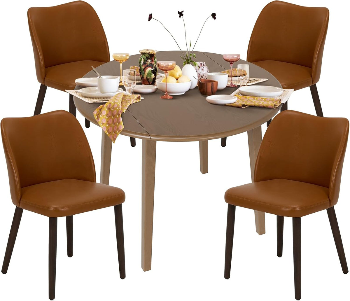 COLAMY 5-Piece Extendable Dining Table Set for 4, 36" Kitchen Round Wood Table with 4 Wooden Dining Room Chairs,Light Brown/Light Brown
