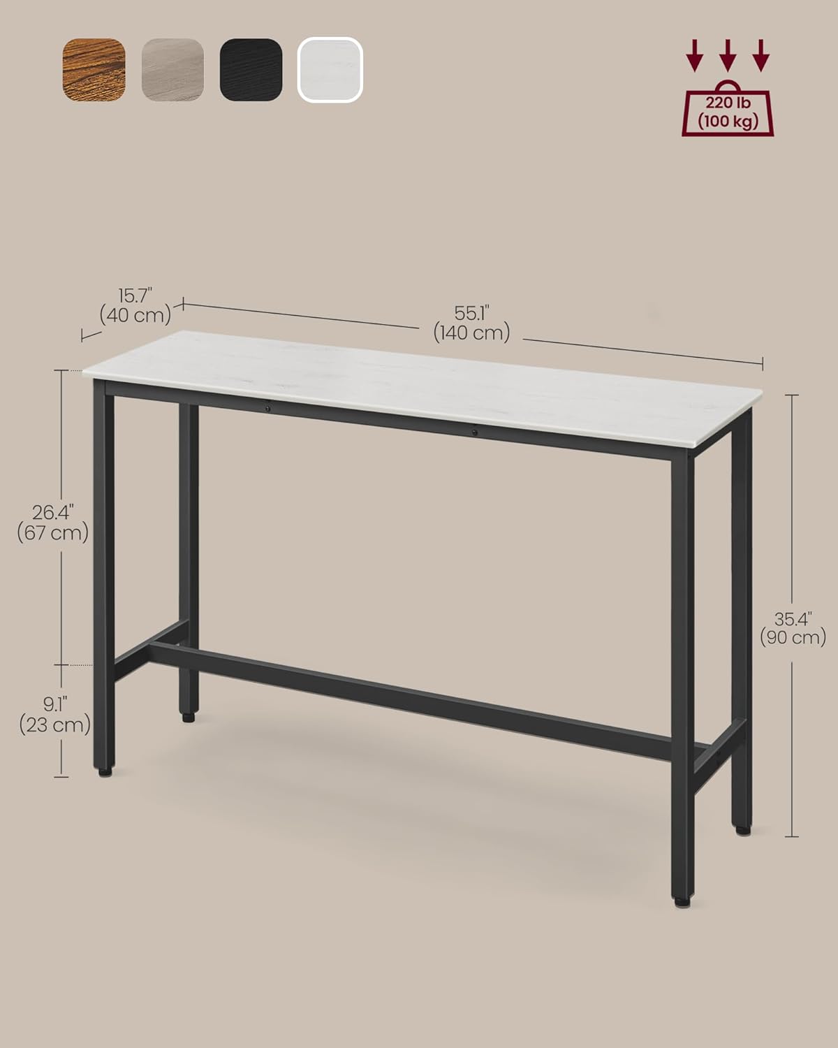 VASAGLE Bar Table, Narrow Long Kitchen Dining Table, Sturdy Metal Frame, Industrial, 15.7 x 55.1 x 35.4 Inches, Rustic White and Ink Black ULBT140B73