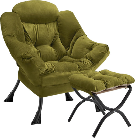 Lazy Chair with Folding Ottoman Modern Large Accent Chair,Contemporary Lounge Leisure Sofa Chair with Armrests Upholstered Sofa Armchair Reading Chair for Bedroom,Dorm & Office(Green-f)