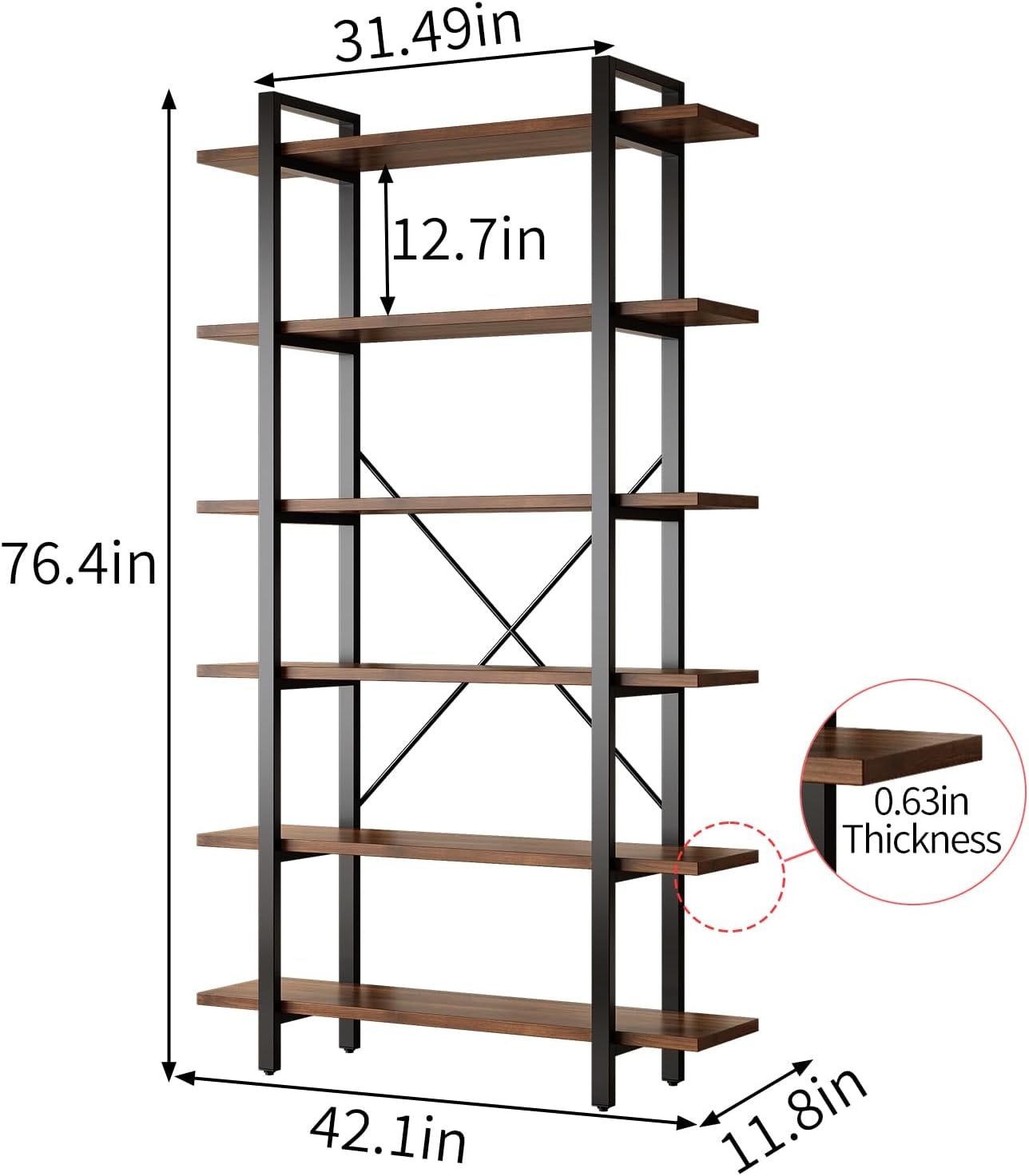 Solid Wood core Industrial Style Bookcase,Bookshelf with 6 Shelves, Walnut Wood and Black Metal Frame, Large Open Storage Display Unit (Dark Walnut, 6 Tiers)