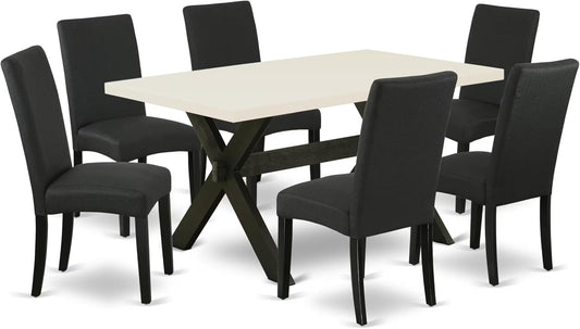 East West Furniture X626DR124-7 7 Piece Kitchen Table Set Consist of a Rectangle Dining Table with X-Legs and 6 Black Color Linen Fabric Parson Dining Chairs, 36x60 Inch, Multi-Color