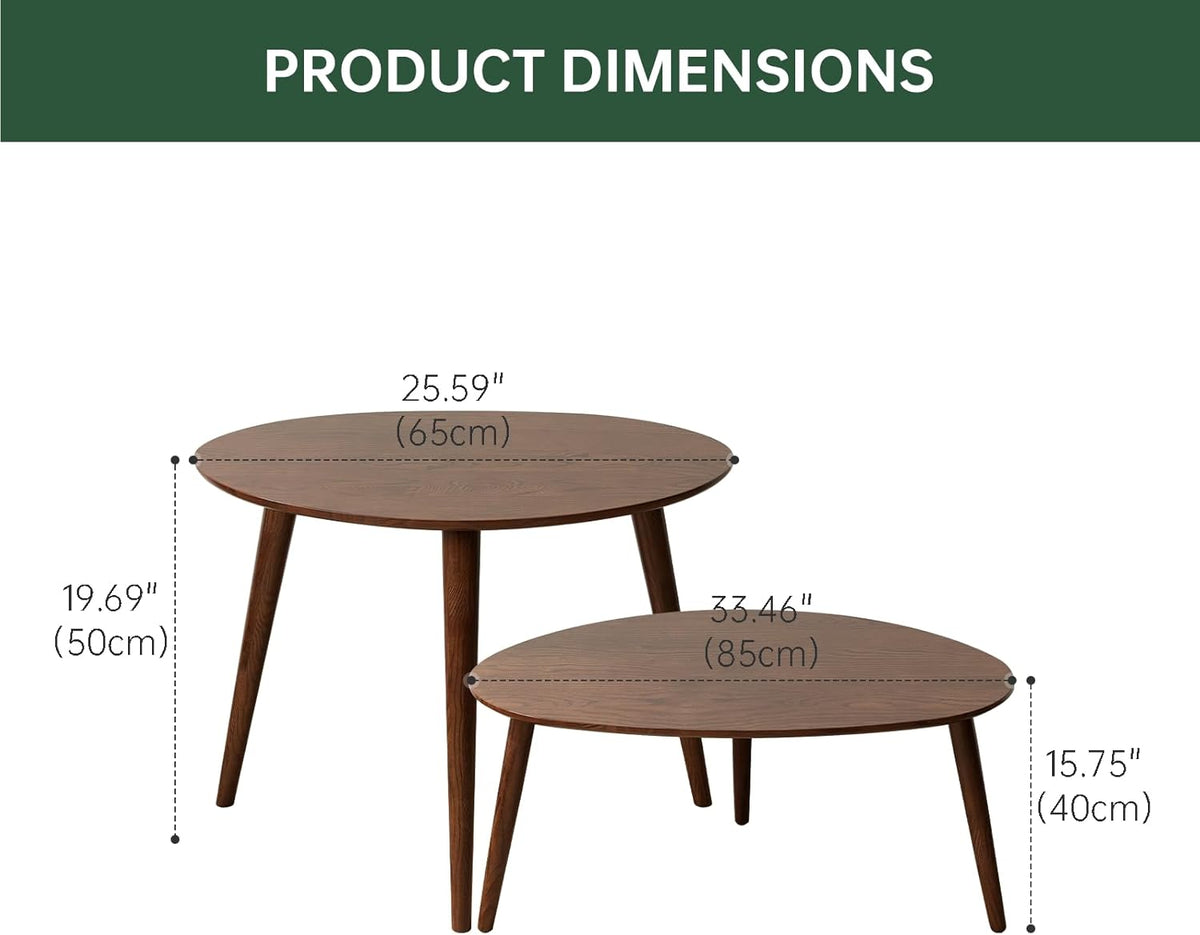 Small Oval Nesting Table, Mid Century Coffee Tables for Living Room,Solid Oak Wood Side Table,Triangle Tabletop with 3 Legs,Minimalist Display End Tables (Walnut Color, Combine)