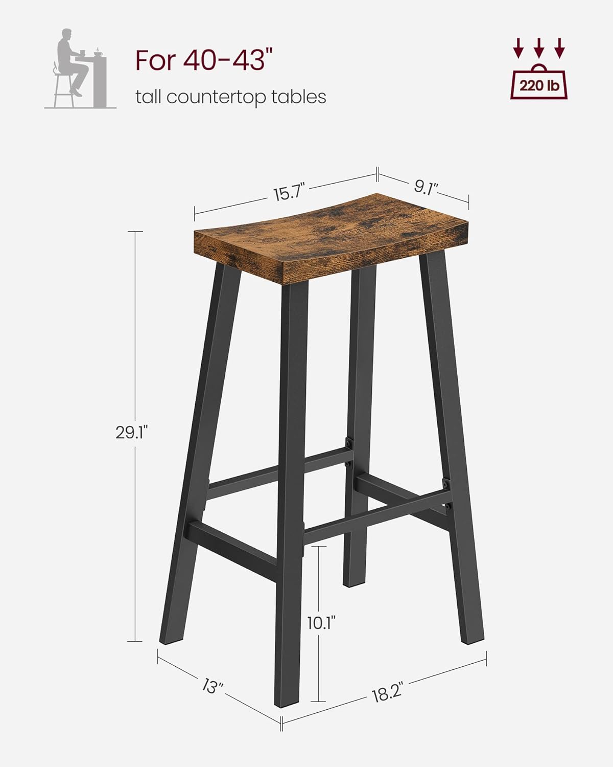 VASAGLE Bar Stools Set of 2, Counter Height Stools, Bar Chairs with Footrest, 29.1 Inches Tall Kitchen Breakfast Stools, Industrial, Living Room Party Room, Rustic Brown ULBC094B01
