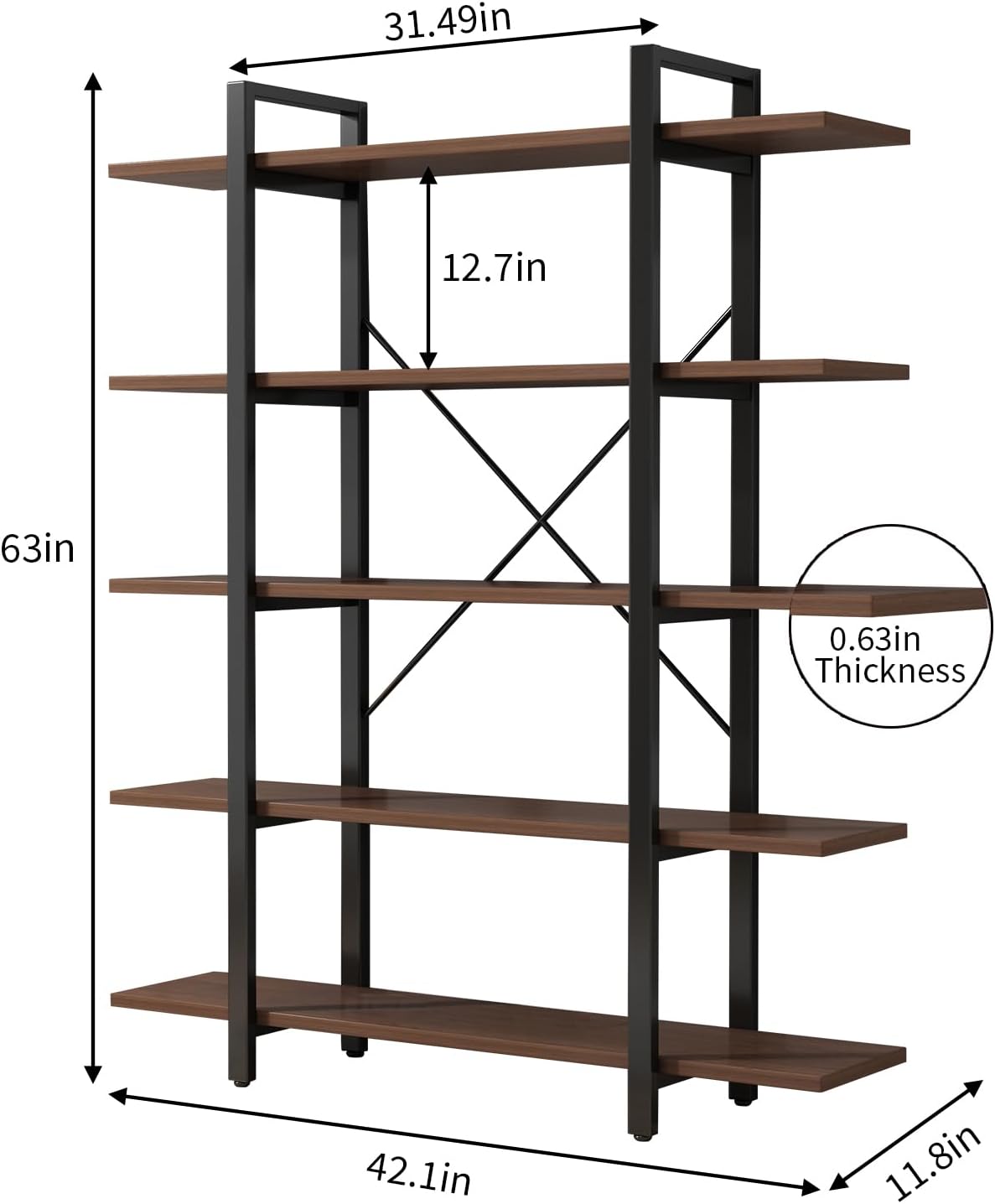 Industrial Bookshelf with 5 Shelves, Solid Wood core Bookcase,Walnut Wood and Black Metal Frame, Large Open Storage Display Unit (Dark Walnut, 5 Tiers)