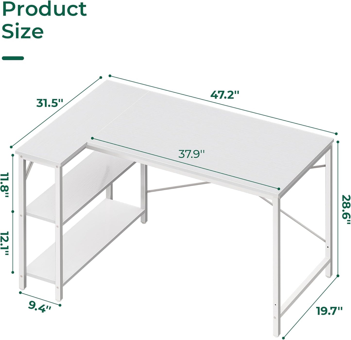 Huuger L-Shaped Desk - 47" Reversible Storage Corner Gaming Desk, Metal Frame, White