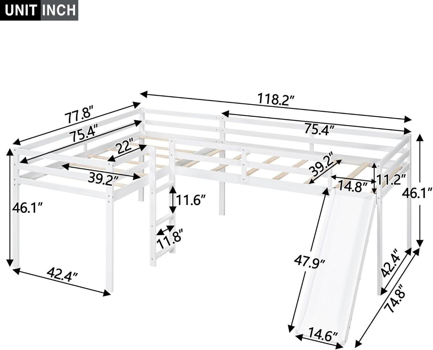 L-Shaped Twin Size Loft Bed with Ladder and Slide,Solid Wood Structure Bed Frame,w/Safety Guardrail & Slat Supports,Space Saving,Easy to Assemble,for Kids,Teens,Girls & Boys,White