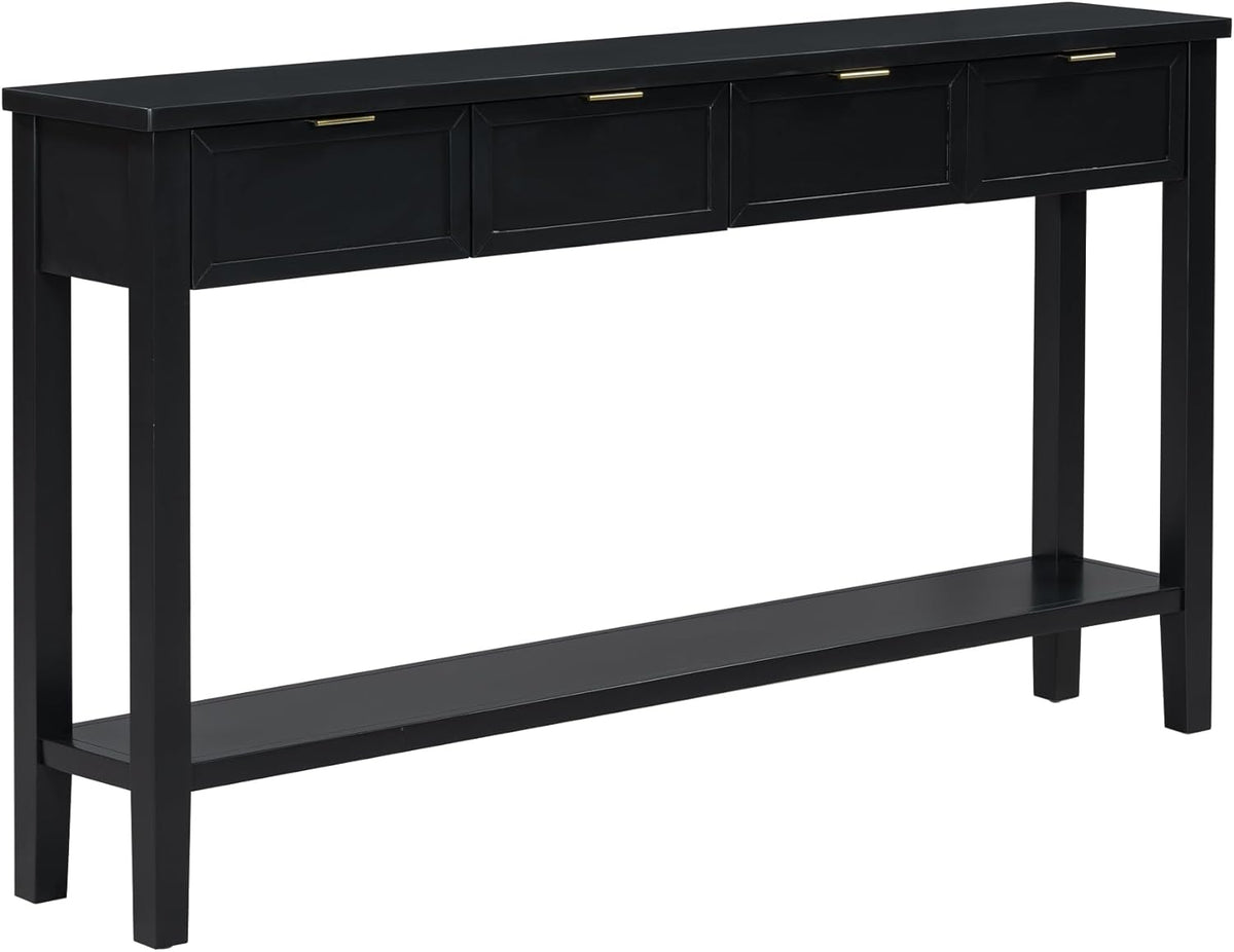 Ball & Cast 60“ Contemporary 4 Drawers Console Table, Long Narrow Entryway-Table with Drawer & Shelf, Modern Storage Sofa Tables, Farmhouse Wood Couch-Tables for Entrance Hallway Living,Black