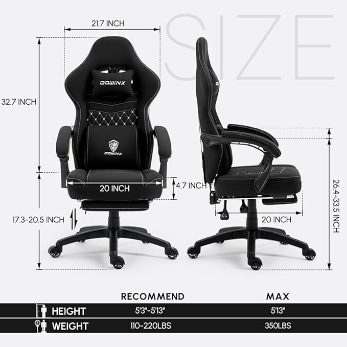 Dowinx Gaming Chair Breathable Fabric with Gel Pad, Ergonomic Game Chair with Pocket Spring Cushion, Comfortable Office Chair with Footrest and Storage Bag for Adults, Black