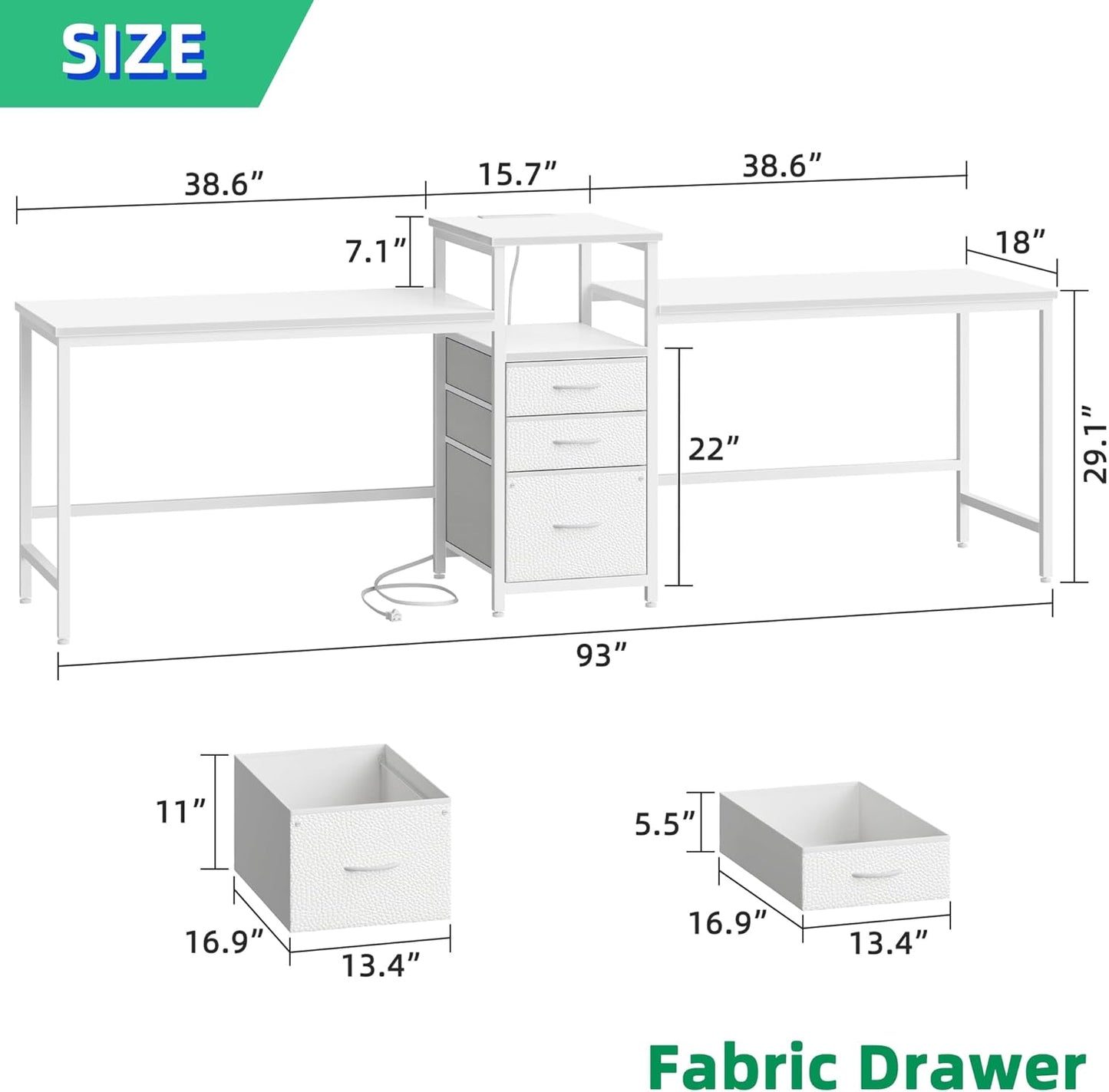 93'' Two Person Desk with Charging Station, Long Desk with 3 Drawers and Printer Shelf, Double Computer Desk, Fabric Drawers, 2 Person Writing Study Table Workstation for Home Office, White