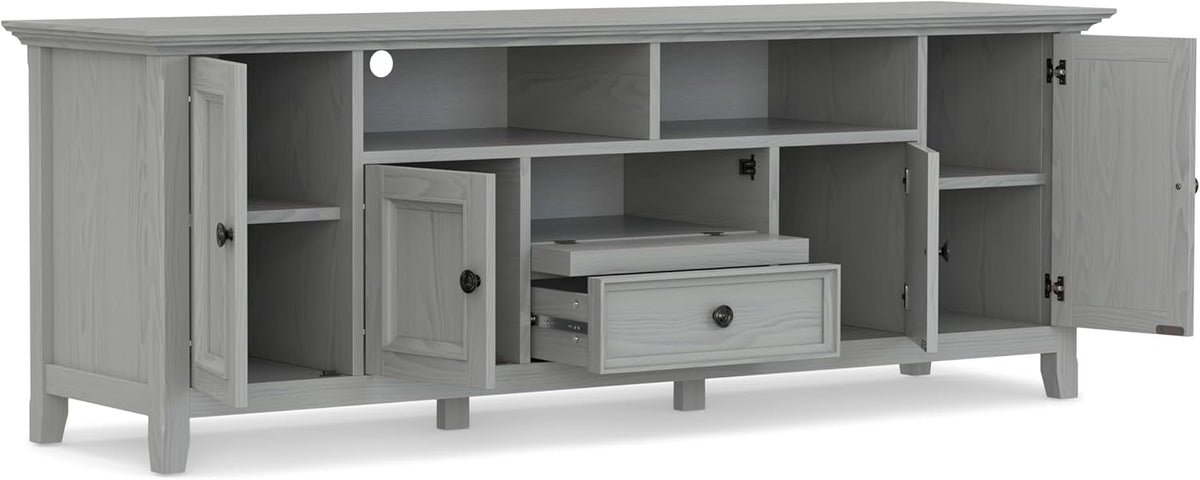 SIMPLIHOME Amherst 72-inch Wide Solid Wood TV Stand in Fog Grey, Transitional-Style Media Console for Living Room with Cable Management and Adjustable Shelves, Fits 80" TVs
