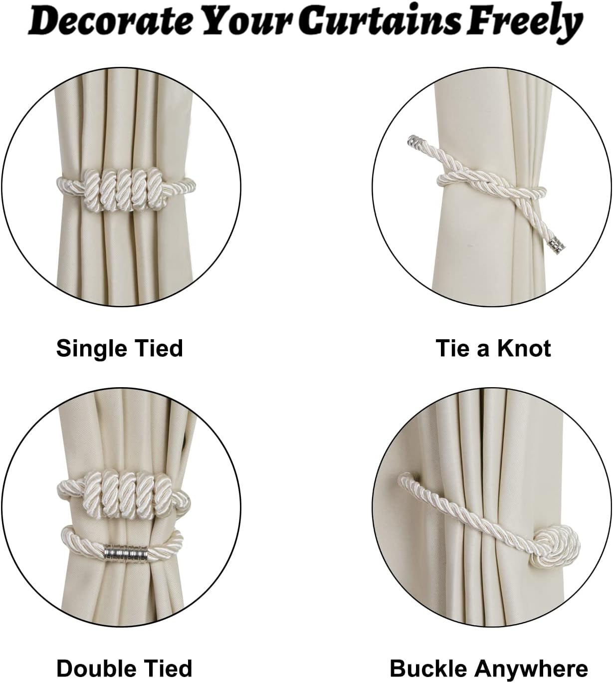 BEL AVENIR Magnetic Curtain Tiebacks, Decorative Drapery Holdbacks Modern Woven Tie-Backs with Exquisite Knot (Beige, 2 Pack)