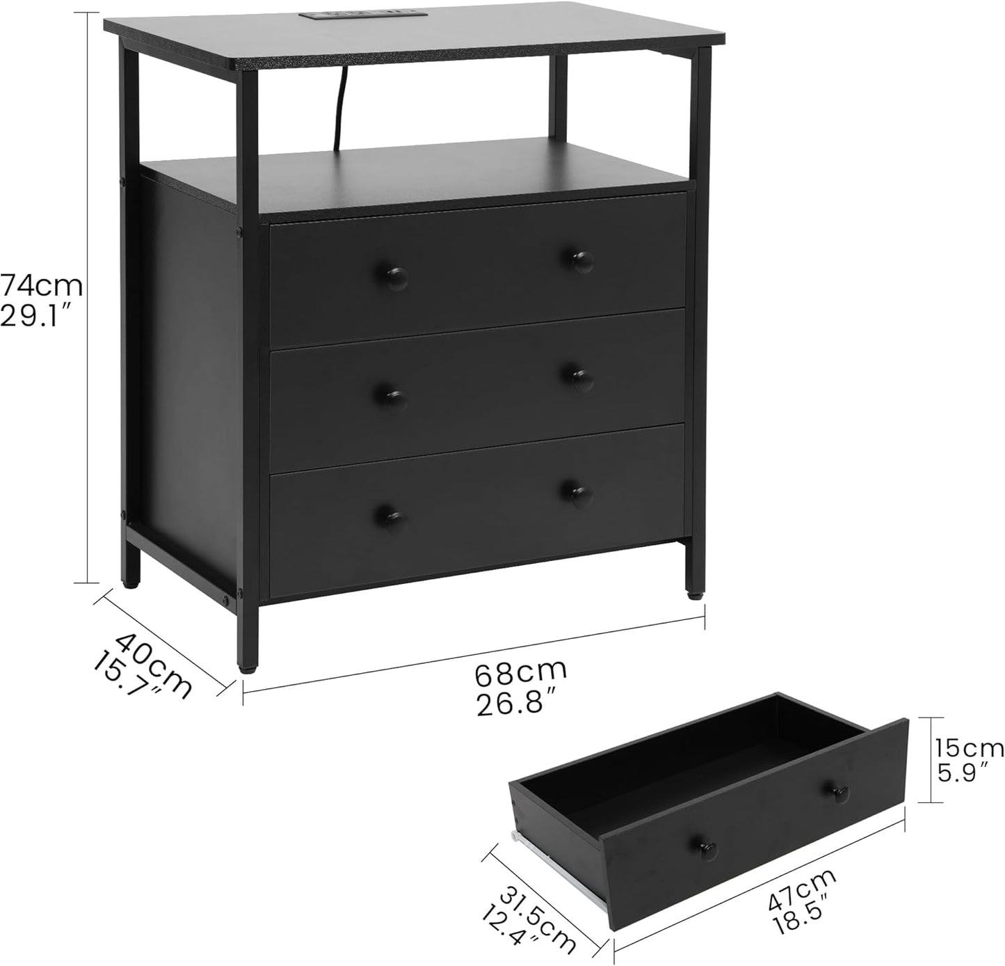 3 Wooden Drawers Nightstand, 27 Inch Wide Night Stand Set 2 with Charging Station and Adjustable Drawers, Bedside Table for Living Room/Bedroom/Office, Black.