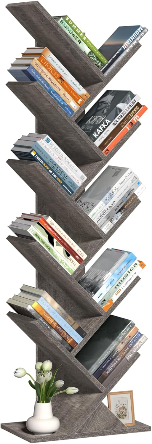 10 Tier Tree Book Shelf, Floor Standing Wood Bookshelf for Narrow Space, Storage Organizer Bookshelves for Books/CDs/Magazine, Bookcase with Shelves for Home Office, Living Room - Light Grey
