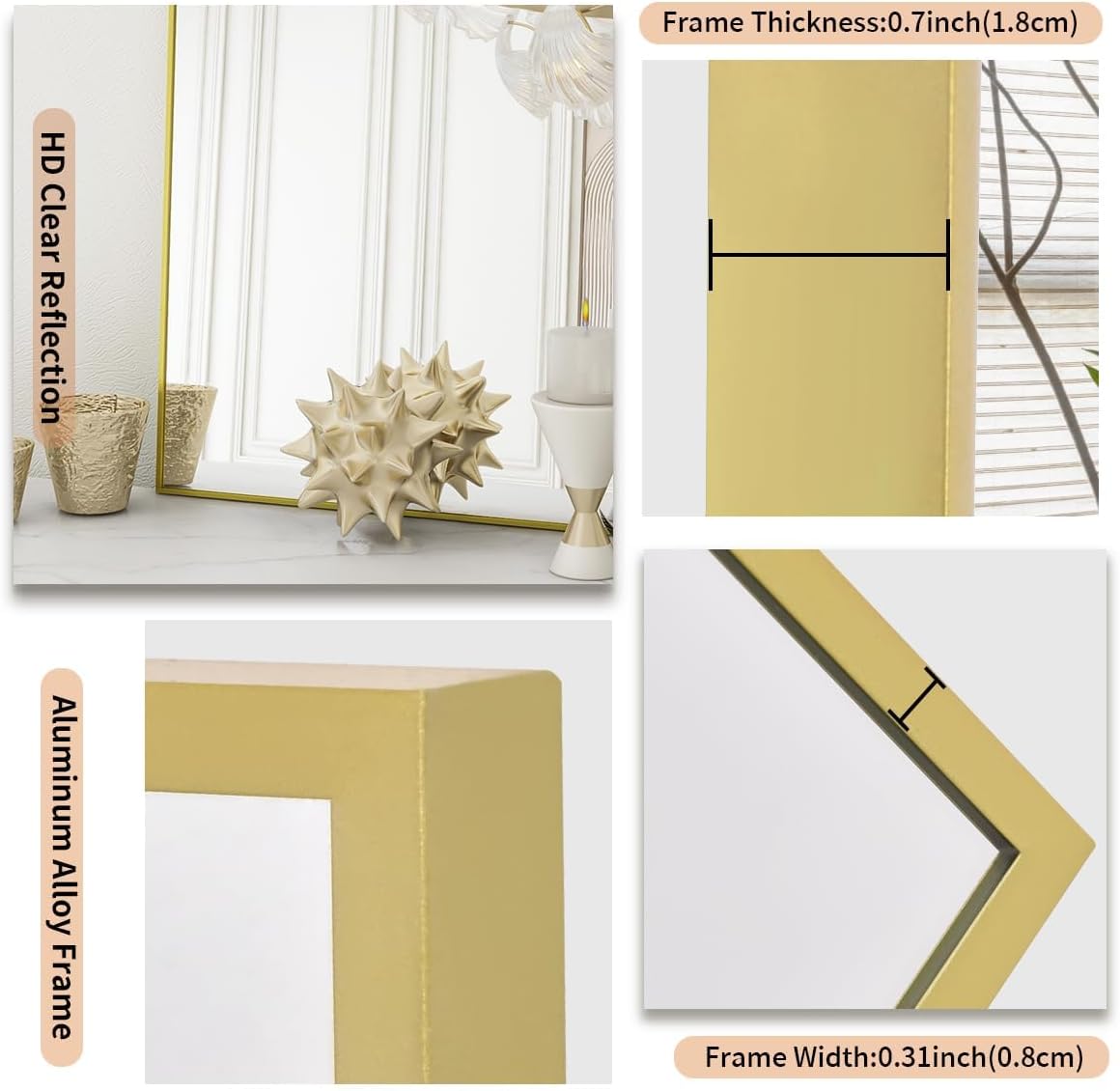 Koonmi Gold Mirrors for Wall, 30x48 Inch Bathroom Mirror, Rectangular Wall Mirror for Living Room Bedroom Bathroom, Hangs Horizontally or Vertically