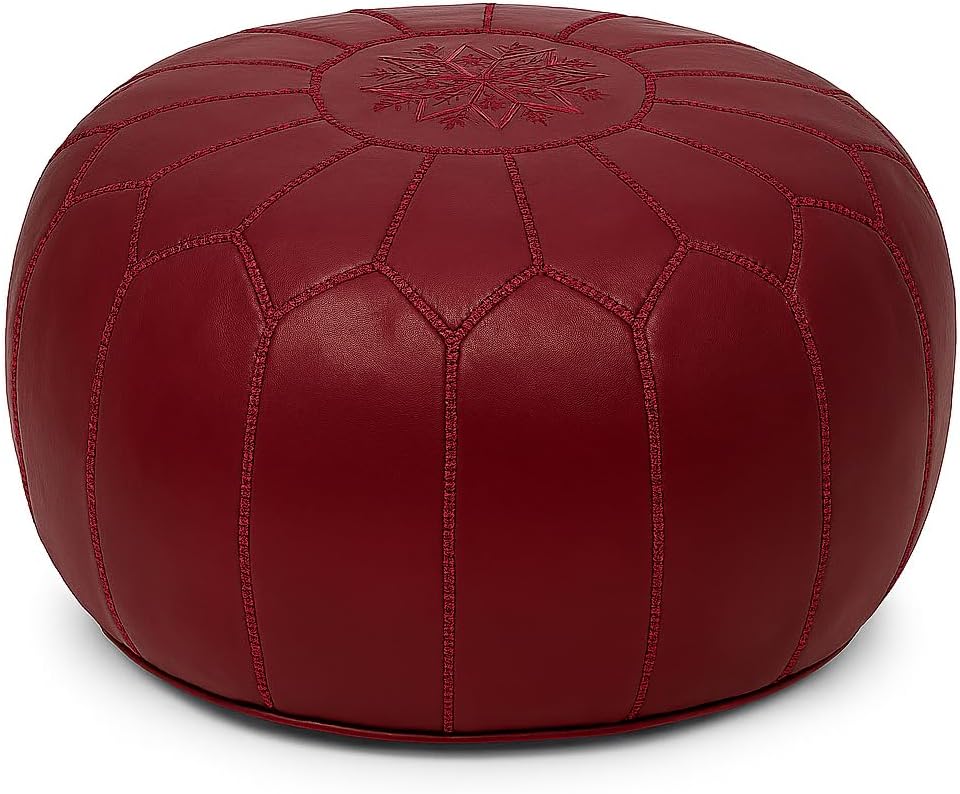 Stuffed Round Design Moroccan Leather Pouf Ottoman, Handmade, Pre-Filled, 100% Genuine Leather, 13” Height x 20” Diameter, Footstool & Living Room Décor (Garnet)