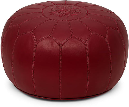 Stuffed Round Design Moroccan Leather Pouf Ottoman, Handmade, Pre-Filled, 100% Genuine Leather, 13” Height x 20” Diameter, Footstool & Living Room Décor (Garnet)