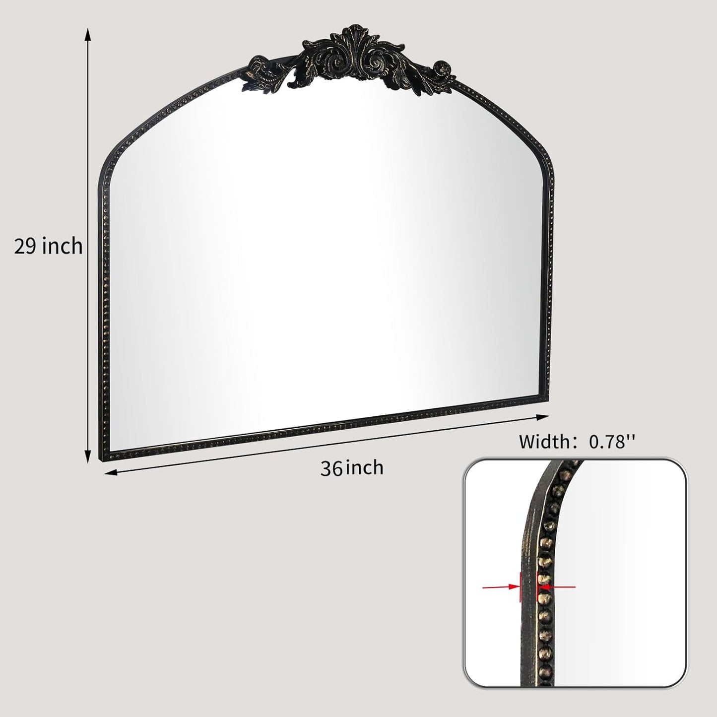 AIXI HOME Vintage Black Arched Mirror 36"X29", Antique Baroque Mantel Wall Mirror with Black Brush Gold Metal Ornate Frame for Entryway/Fireplace/Living Room/Hallway/Bathroom/Bedroom