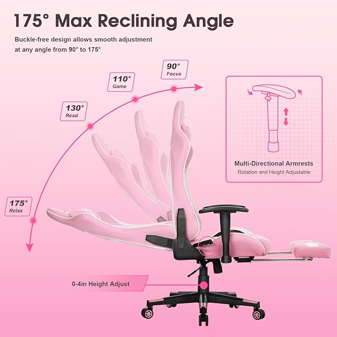 Douxlife Computer Gaming Chair with Footrest, Height Adjustable Game Chair for Adults 360°-Swivel Seat and Headrest and for Office or Gaming, Racing Style Pink and White