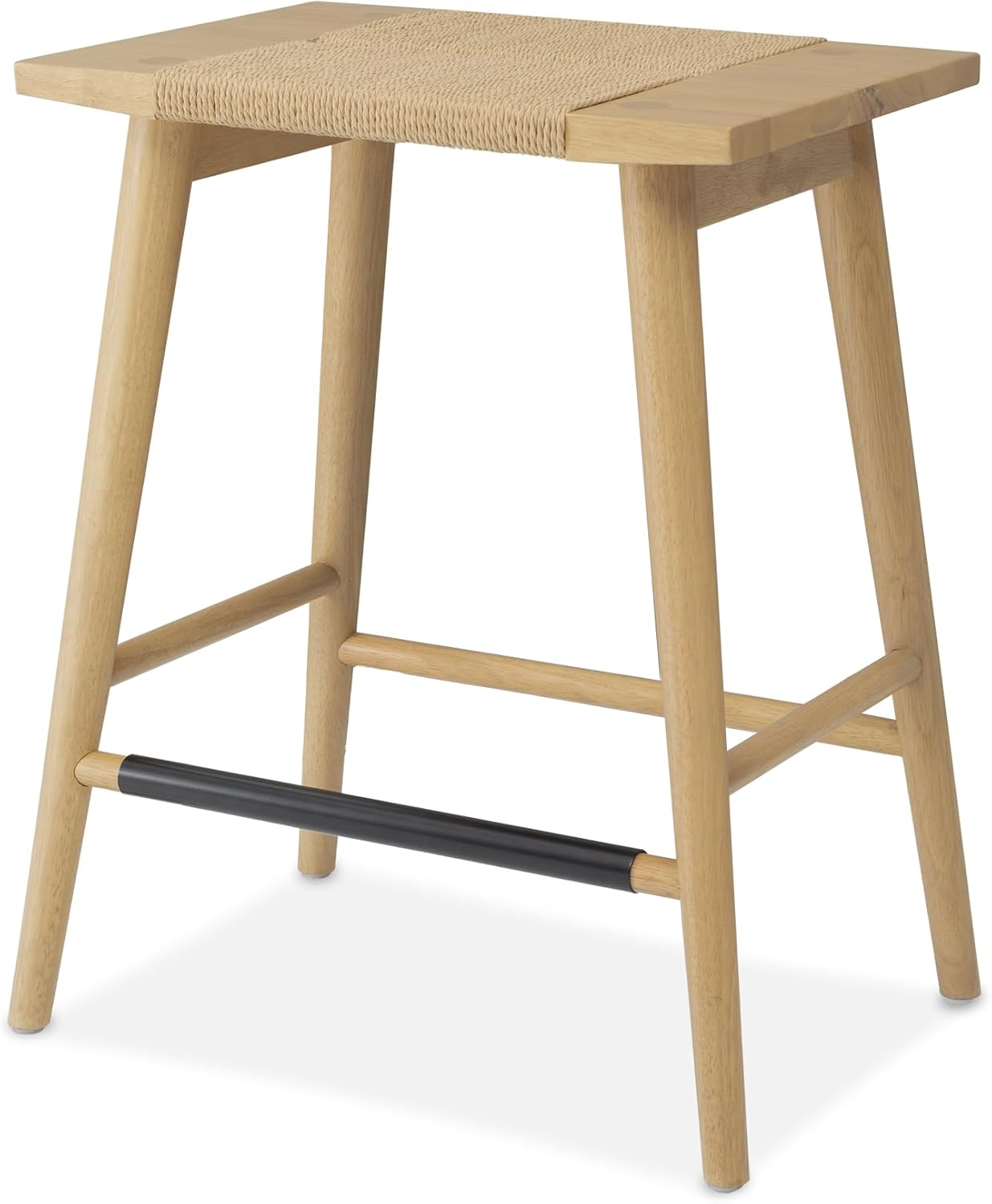 Thor Wicker Counter Height Wooden Counter Stool with Hand-Knitted Rope, K/D, Backless Island 24" Wicker Stool for Kitchen, Light Oak, Solid Wood, Eco-Friendly, Modern Design (Light Oak)