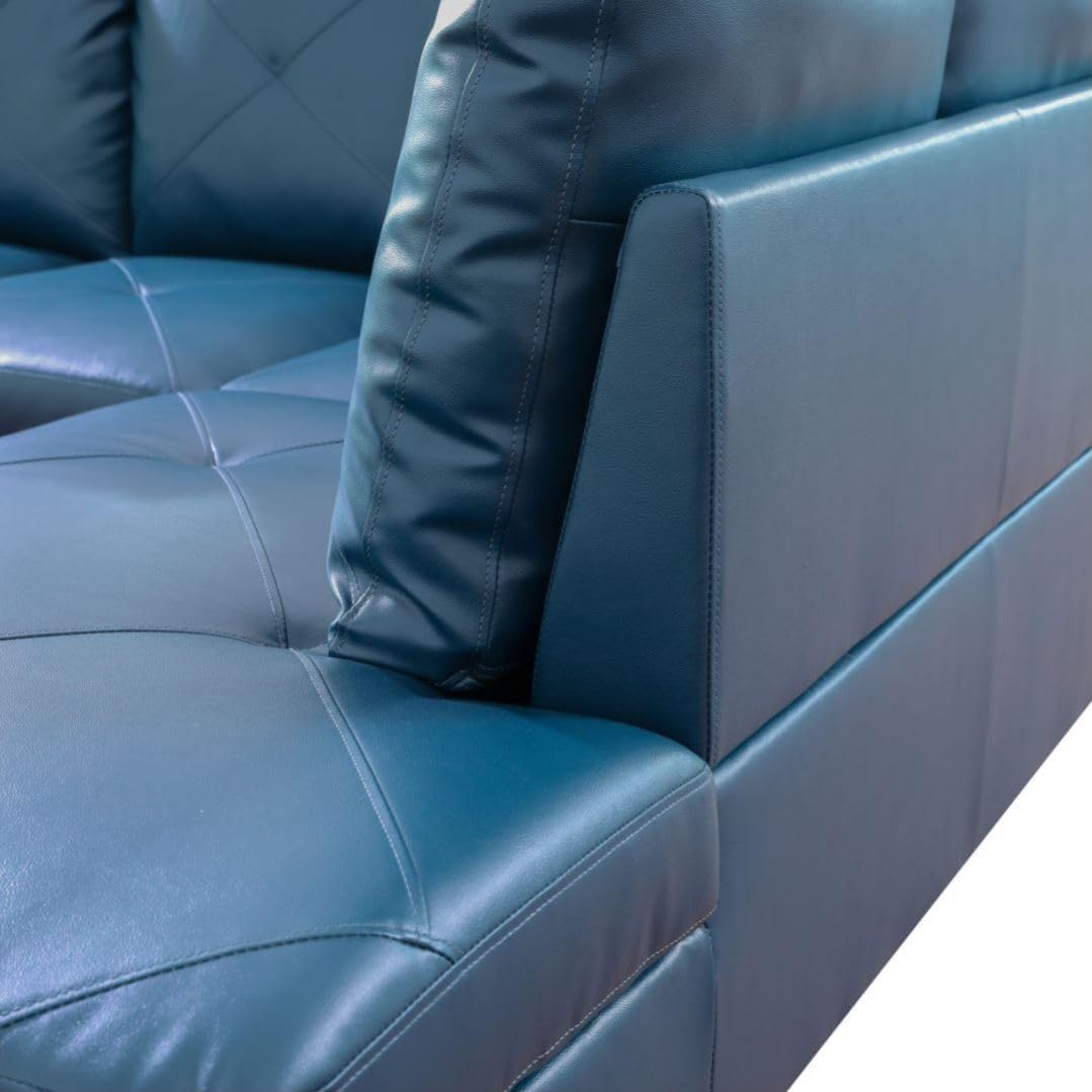 Deep Blue L-Shaped 3-Piece Faux Leather Sofa with Storage Ottoman Set, Sectional Couch Sofa Set for Living Room, Office, Small Space