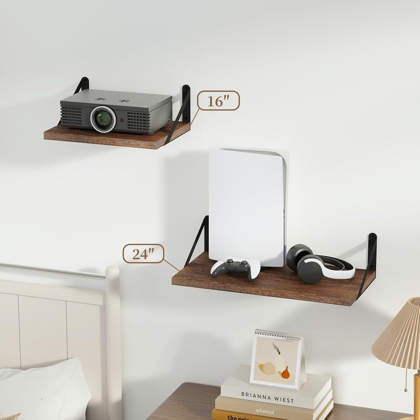 SAUMONIERES Floating Shelves Bookshelf for Bedroom Bathroom Living Room Wood Wall Mounted Wide Deep Storage, Rustic Brown Shelves Set of 2