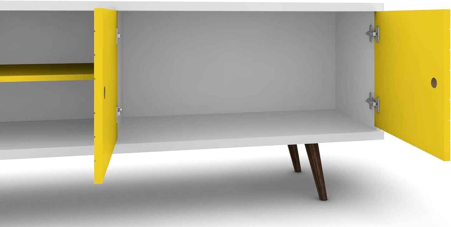 Manhattan Comfort Liberty Mid Century Modern TV Stand for Televisions up to 60 Inches, Bedroom and Living Room Entertainment Center with Storage, Shelves, and Cabinet, 63" Wide, White/Yellow