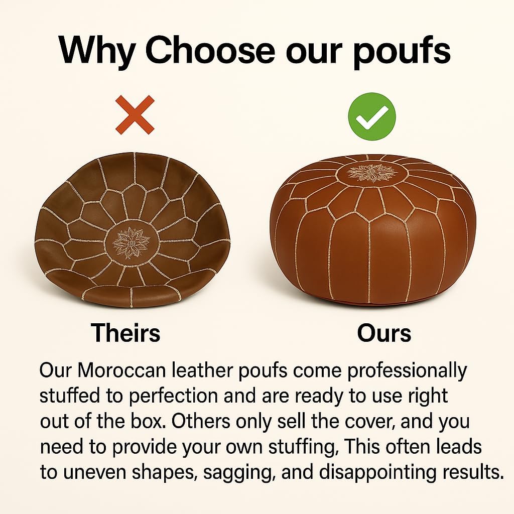 Stuffed Round Design Moroccan Leather Pouf Ottoman, Handmade, Pre-Filled, 100% Genuine Leather, 13” Height x 20” Diameter, Footstool & Living Room Décor (Chocolate)
