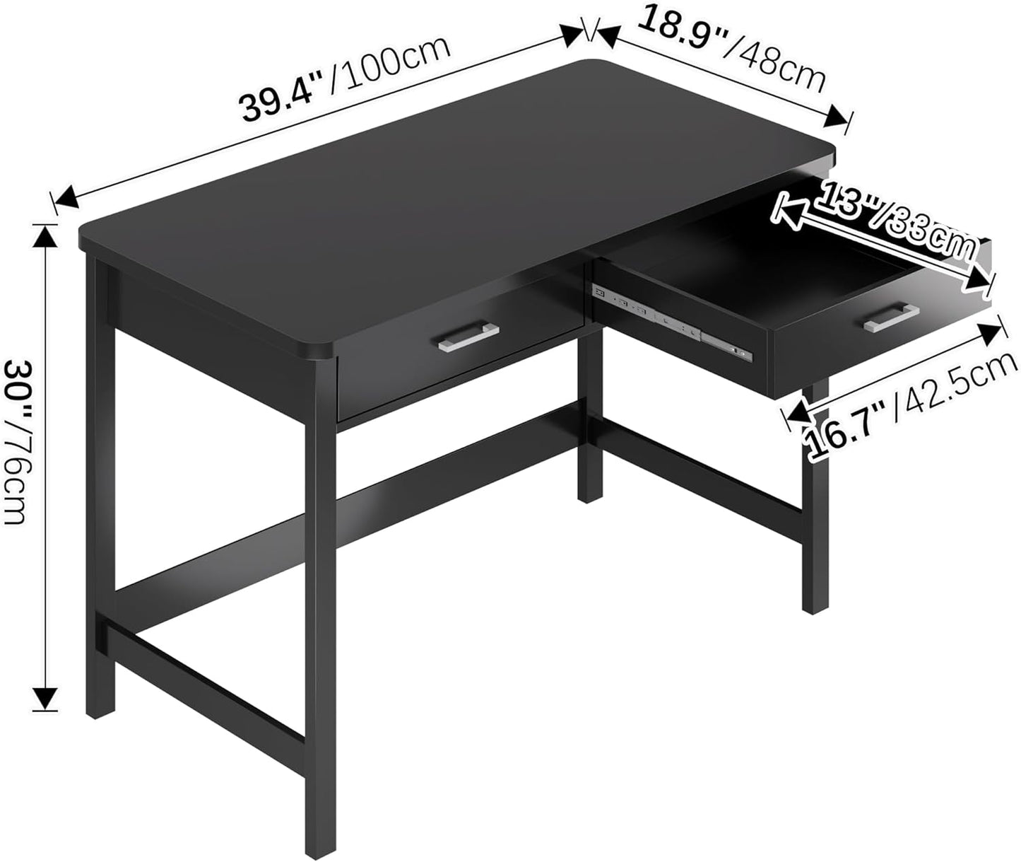 4NM 39.4" Small Desk with Wood Drawers, Home Office Computer Desk with Wooden Legs, Study Writing Table Vanity Desk for Small Spaces - Black