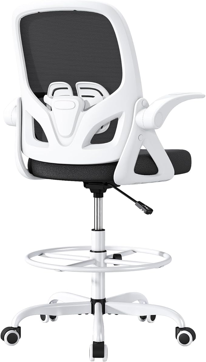 Tall Drafting Chair with Lumbar Support and Footrest Ring, Supportive Tall Extended Height Ergonomic Desk Chair for Home Work, Breathable Mesh Office Chair with Flip up Arms(White)
