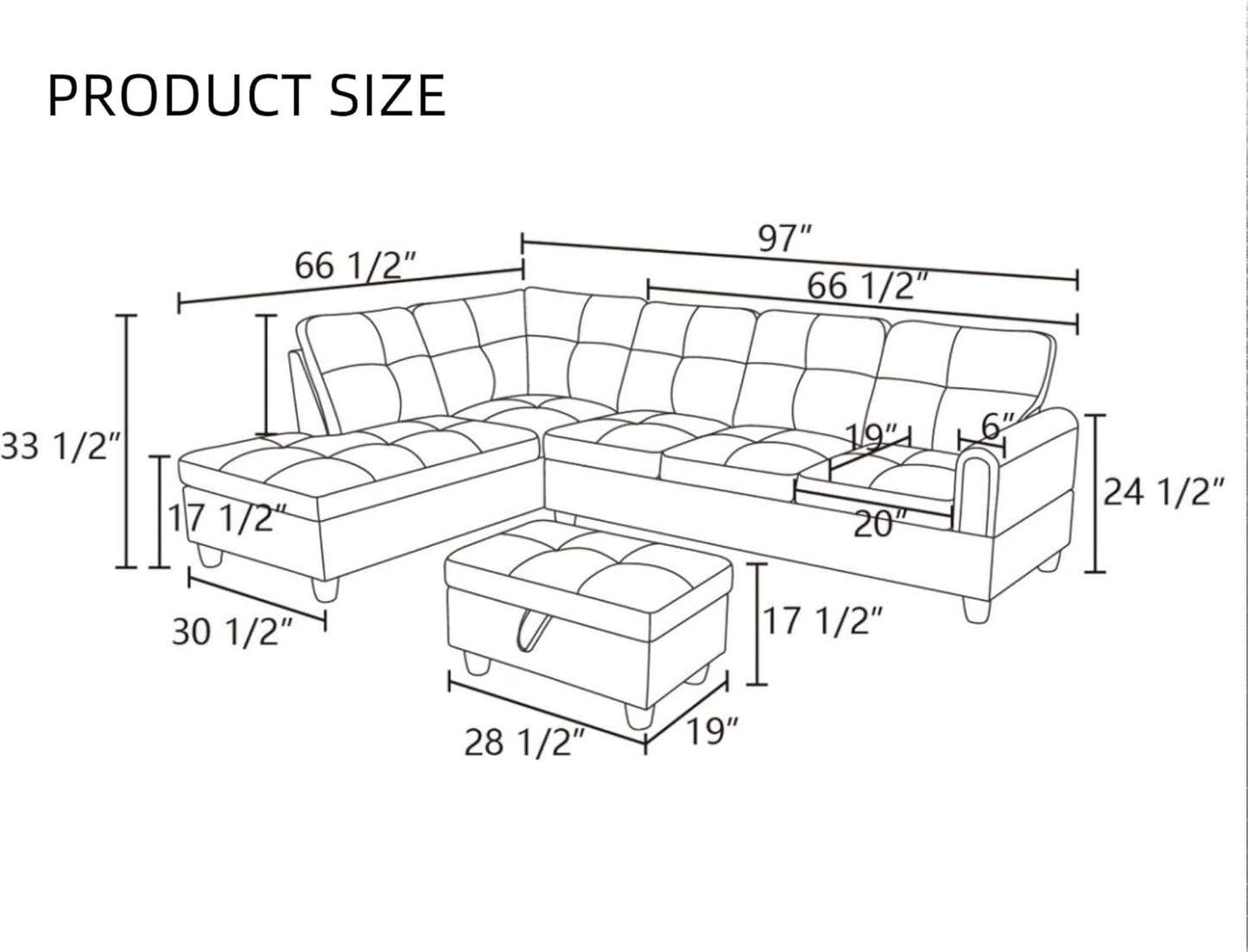 L Shaped Sectional Couches for Living Room, Modular 4 Seat Sofa with Ottoman Storage, Modern Couch with Chaise for Bedroom Apartment Furniture, Black