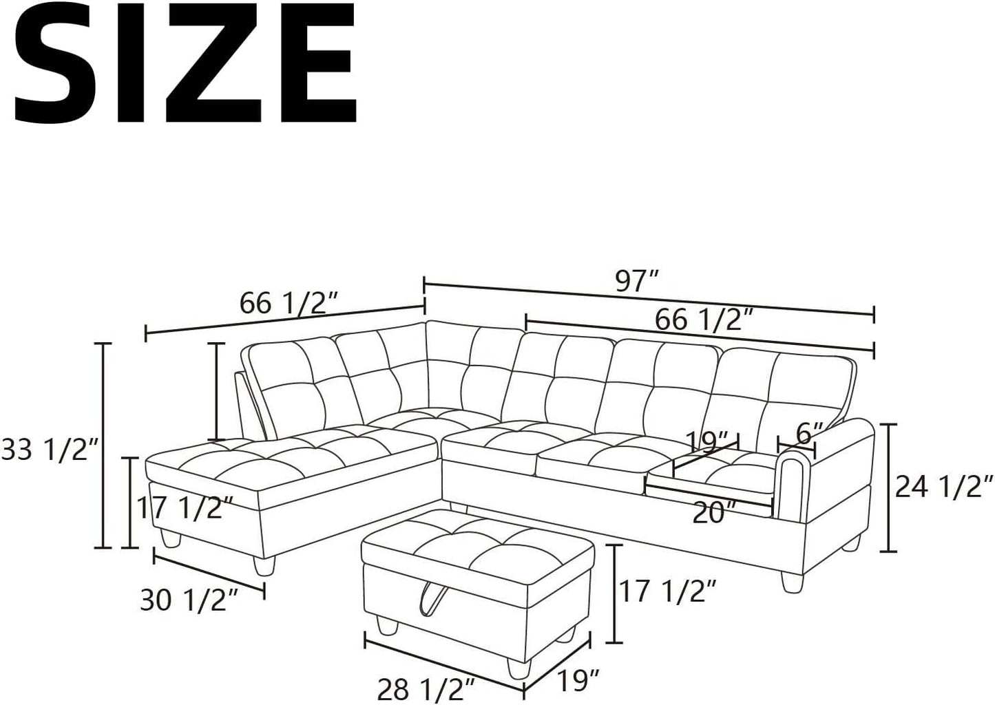 NAYSAYE Sectional Couch with Ottoman Storage, L Shaped Couch Sofa Furniture Sets, Modern Comfy Modular Comfy Sofa for Living Room Bedroom, Office and Apartment, Black