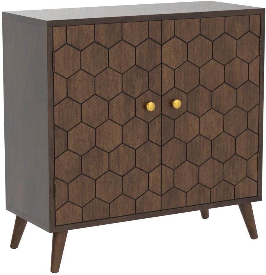 COSIEST 32" Storage Sideboard with Doors, Adjustable Shelf, Decorative Modern Accent Furniture for Living Room, Entryway, Kitchen (Brown, Honeycomb Pattern)