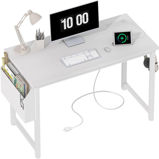 Lufeiya White Computer Desk with Power Outlet, 40 inch Simple Teen Study Table Home Office Work Writing Desks with Charging Station Outlets USB Port Built in, Storage Pocket，White