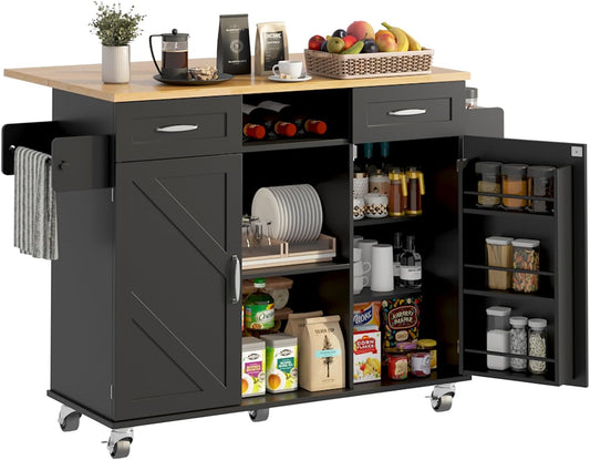 51.5'' Rolling Kitchen Island with Storage Cabinet & Drawers, Drop Leaf Kitchen Cart on Wheels, Farmhouse Portable Mobile Islands, Large Butcher Block Table with Tower/Spice Rack, Black