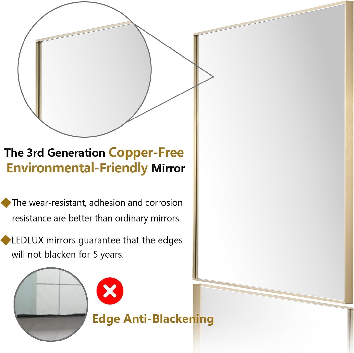 26x36 Inch Gold Bathroom Mirror - Copper-Free Mirror, Aluminum Alloy Frame Vanity Rectangle Wall Mounted Modern Mirror for Bedroom/Living Room/Porch Horizontal or Vertical