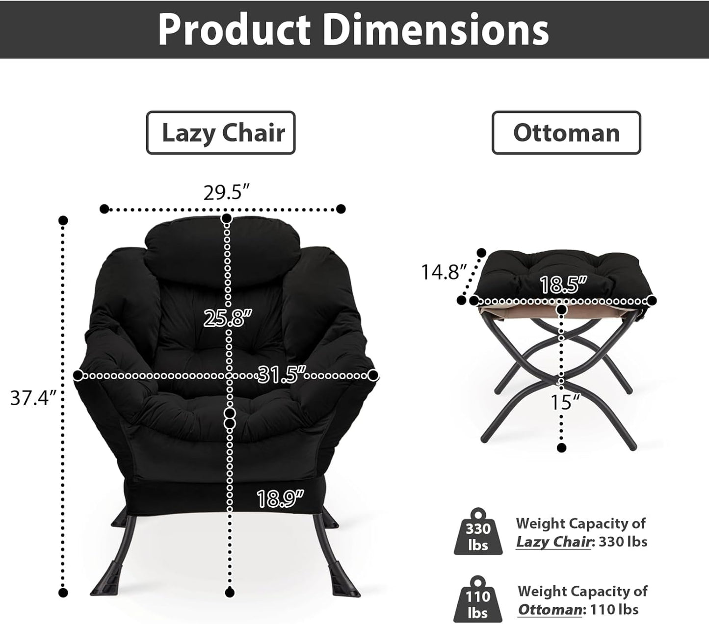 Lazy Chair with Folding Ottoman, Accent Chair Velvet Upholstered with Metal Structure and Non-Slip Pads, Sofa Armchair with Footrest and Side Storage Bag for Dorm, Room, Office, Black