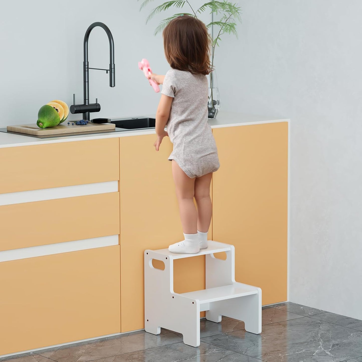 Wooden Step Stool,Two Stepping Stool for Kids/Adults,Supports 300 lbs Toddler Foot Stool,Toilet/Kitchen/Bed Step Stool,White 1 Pack