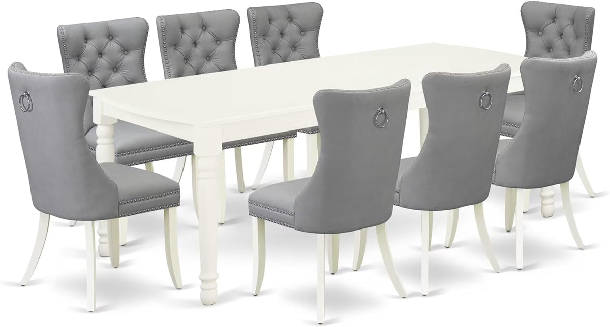 East West Furniture DODA9-LWH-27 9 Piece Modern Dining Table Set Includes a Rectangle Kitchen Table with Butterfly Leaf and 8 Polyester Fabric Upholstered Chairs, 42x78 Inch, Linen White