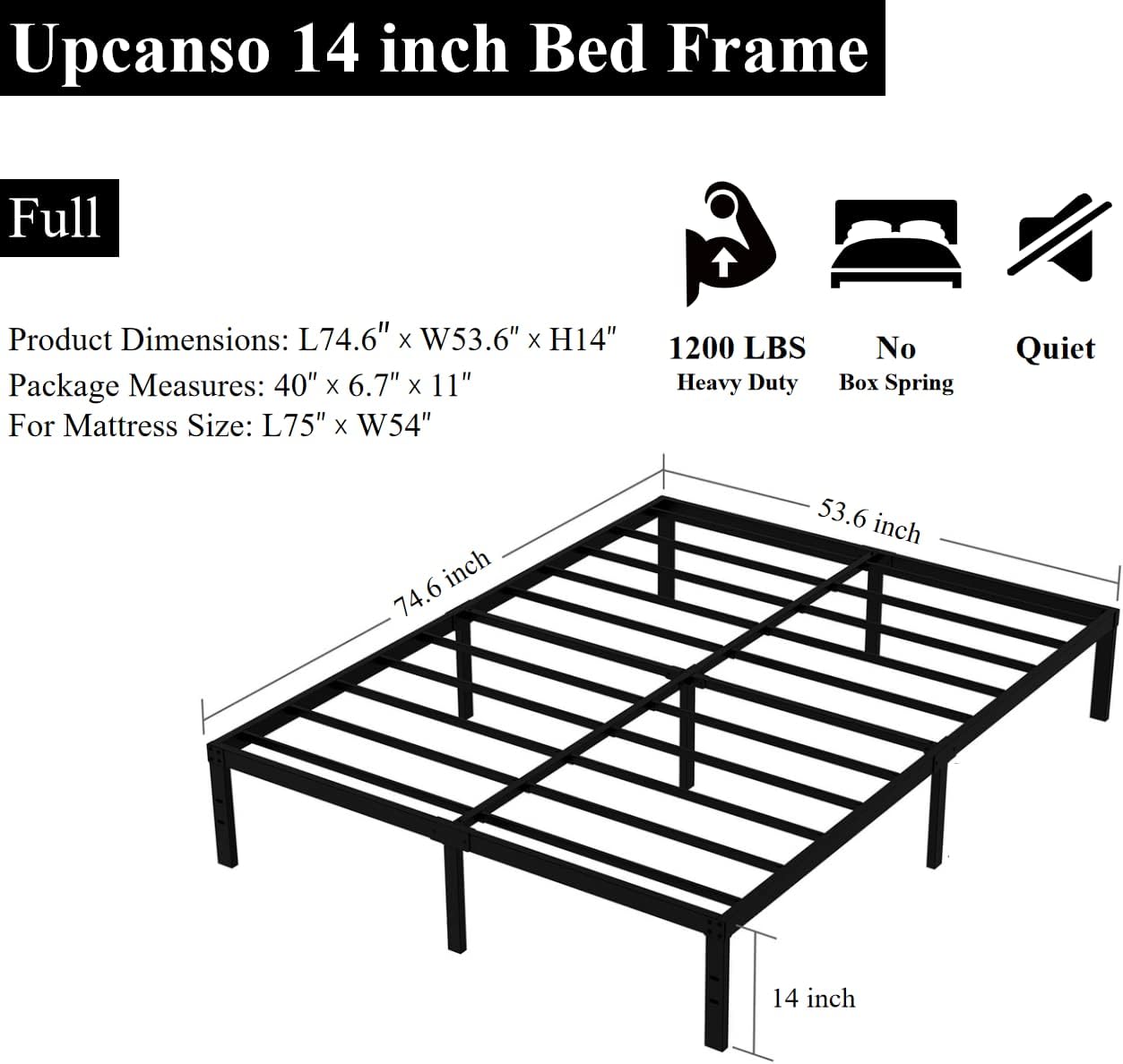 Full Bed Frame No Box Spring Needed, 14 Inch Heavy Duty Metal Platform Bed Frame Full Size with Storage, 2500lbs Steel Slats Support, Easy Assembly, Black