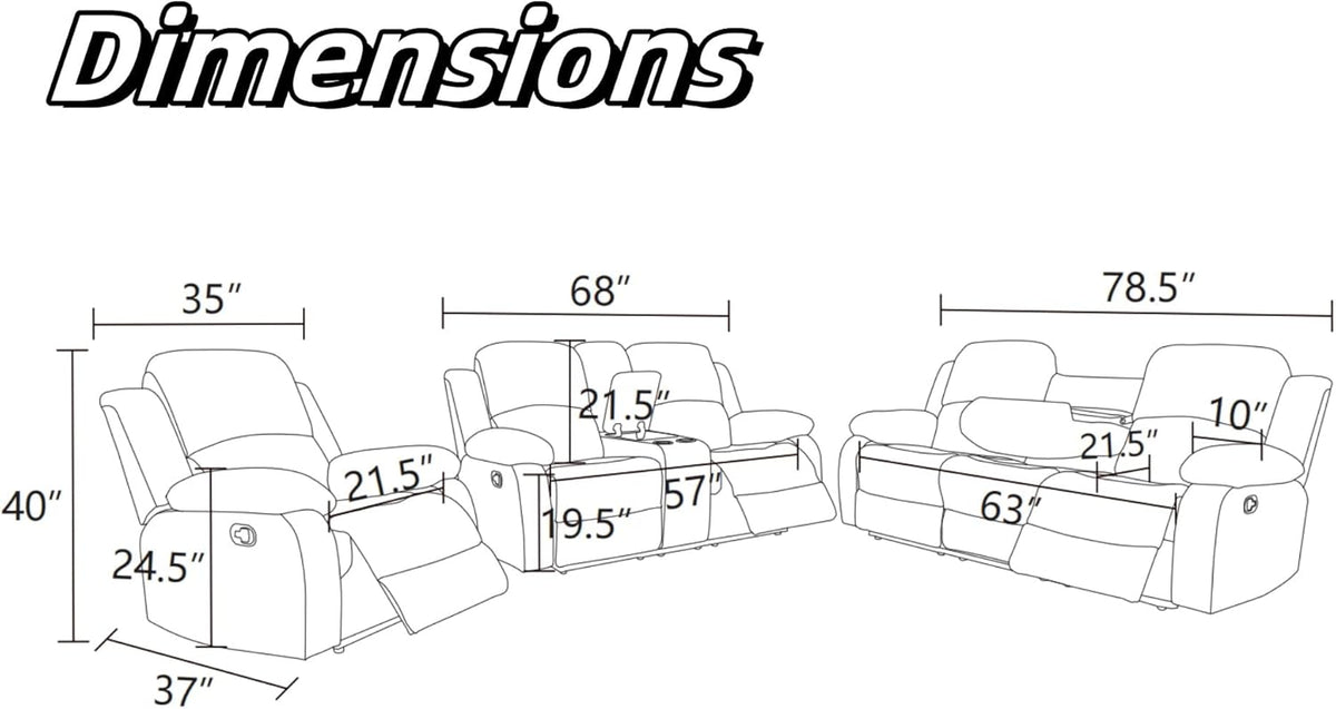 Recliner Sofa Couch, 3-Seater Home Theater Seating Reclining Sofa, Power Reclining Couch with Cup Holders & Drop Down Table for Living Room Furniture Sets, Brown