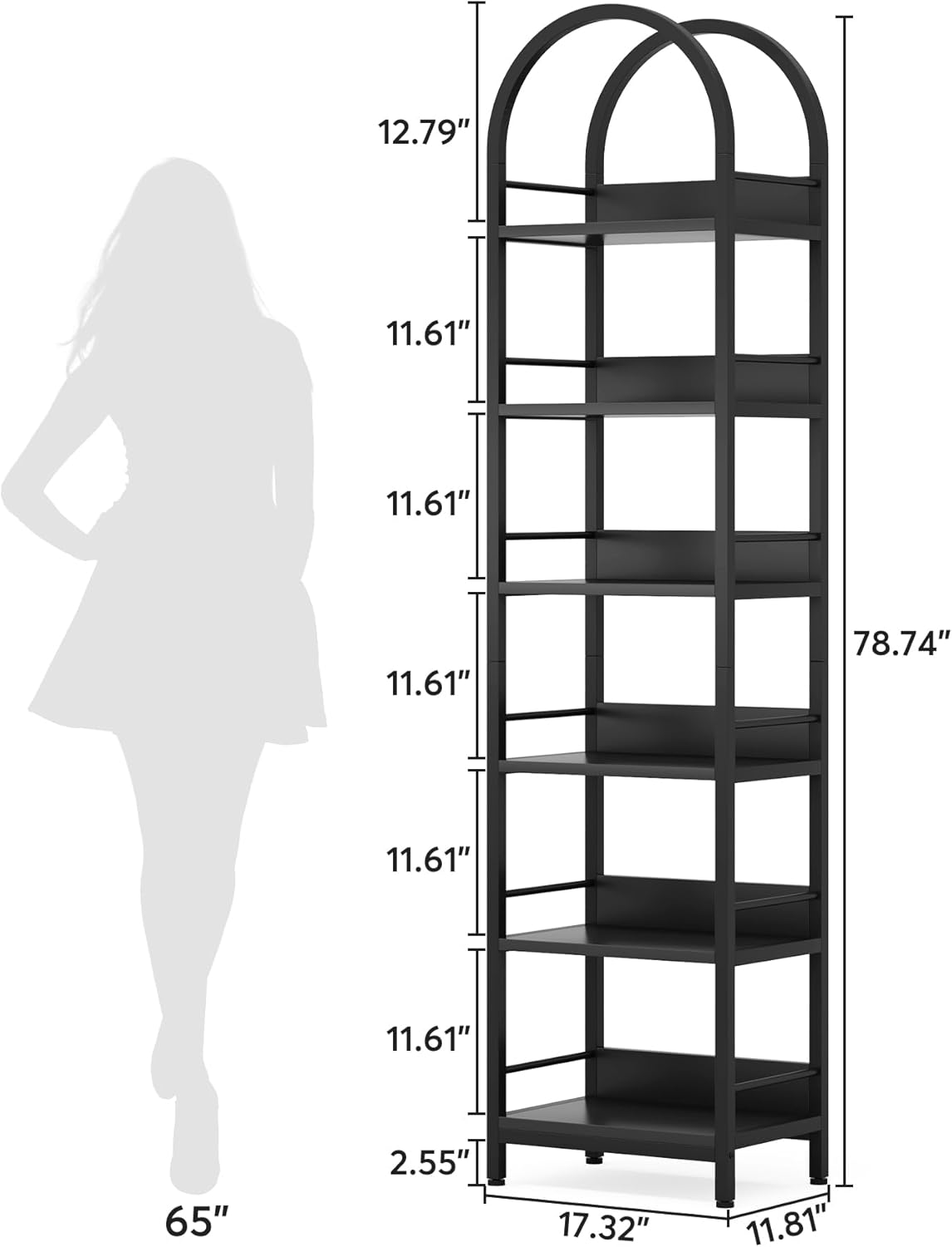 LITTLE TREE 6-Tier Open Bookshelf, 78.7" Tall Arched Bookcase, Black Wooden Bookshelf with Metal Frame, Freestanding Narrow Bookcase Display Shelves for Living Room, Bedroom, Office