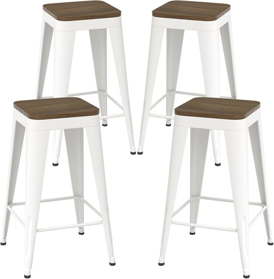 26 inch Backless Bar Stools Set of 4, Indoor Metal Bar Stools with Wood Seat, Industrial Counter Height Barstools for Kitchen Island, White