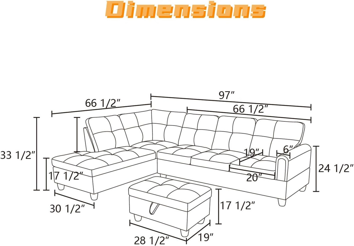 L Shaped Sectional Couch with Otttoman, 97" Sectional Sofa for Living Room Flannel Modular Couches with Cup Holders for Bedroom, Apartments, Black Grey