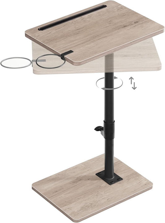 HOOBRO TV Tray Table, 360° Swivel Side Table Sofa Armrest Tray for Couch, Height Adjustable C Shaped End Table, Snack Desk with Cup Holder, for Small Spaces, Greige and Black BG234BZ01