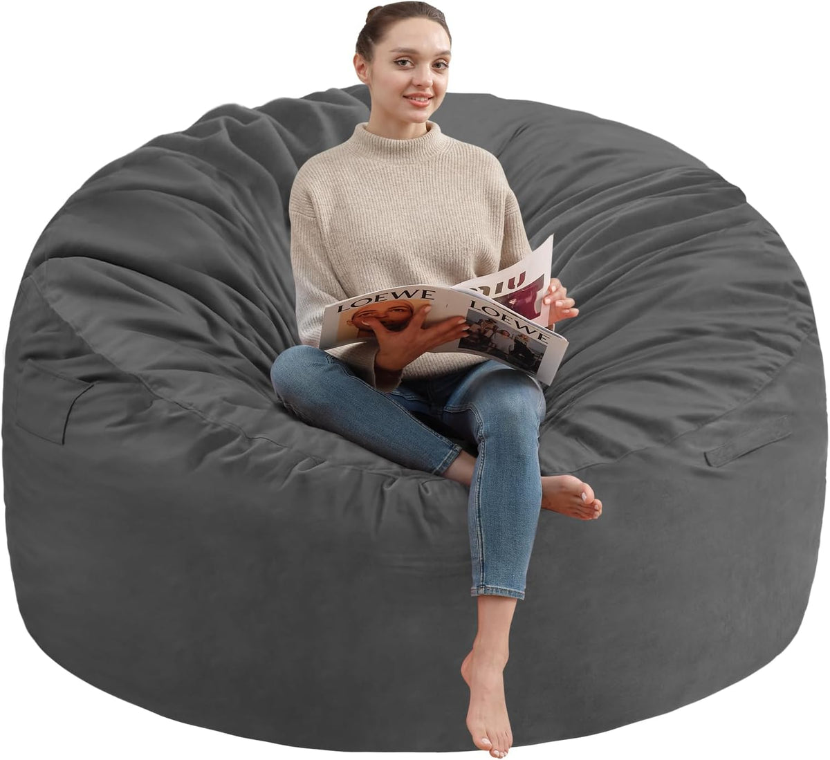 4FT Bean Bag Chair, Large Bean Bag Chairs with Memory Foam Filled, Fluffy Beanbag Sofa with Dutch Velvet Cover, Round BeanBag Chairs for Living Room, Playroom - Grey