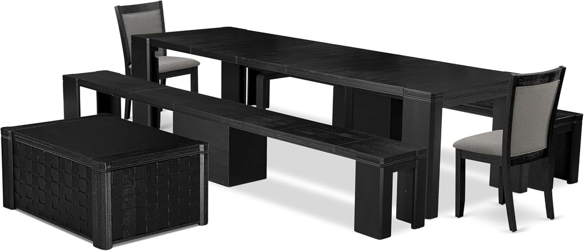 X02MZ-2C6-50 - 6-pc Dining Table Set a Kitchen Table with a coffee Table and 2 wooden Benches and 2 Dark Gotham Grey Linen Fabric Chairs, 39x120 Inch, Wire Brushed Black