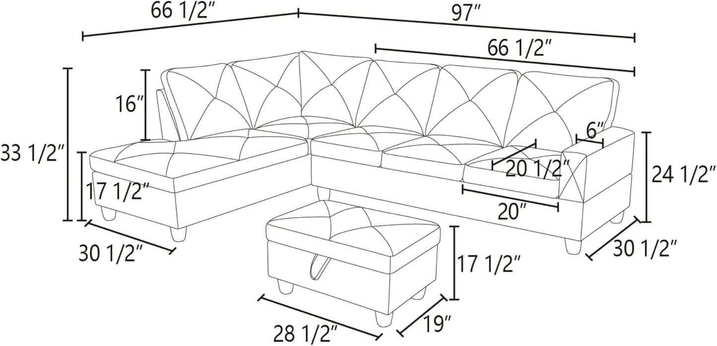 L-Shaped Sectional Sofa with Ottoman, Right-Facing Leather Modern Couch for Living Room, Bedroom, Office, Ginger Black