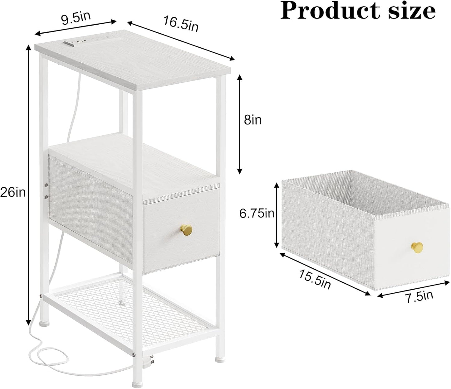Fixwal Narrow Side Table with Charging Station and LED Light, Skinny Nightstand with 1 Fabric Drawer, Slim End Table for Bedroom, Dorm, Small Space, White