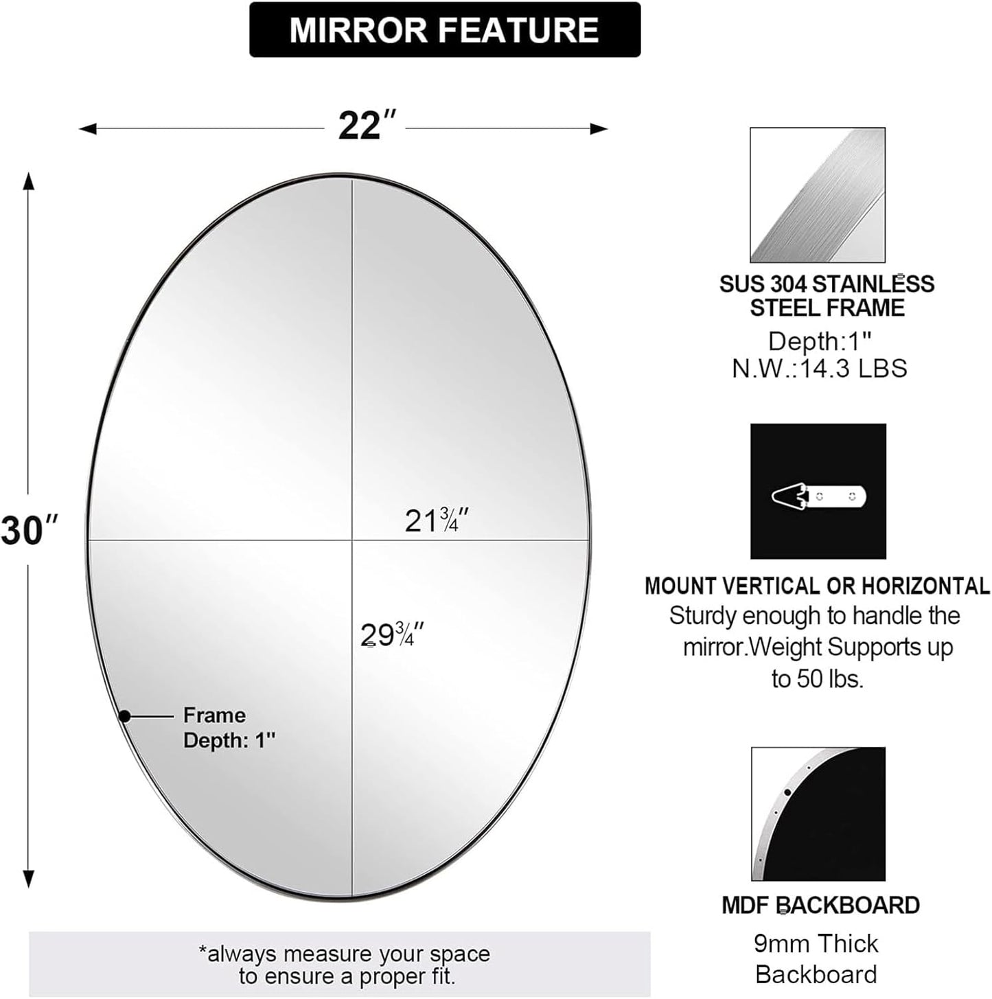 ANDY STAR Chrome Bathroom Mirror, Oval Bathroom Mirror 22 x 30 Inch, Polished Chrome Oval Wall Mirror for Bathroom, Oblong Pill Shaped Mirror Stainless Steel Frame Wall Mount Horizontal or Vertical